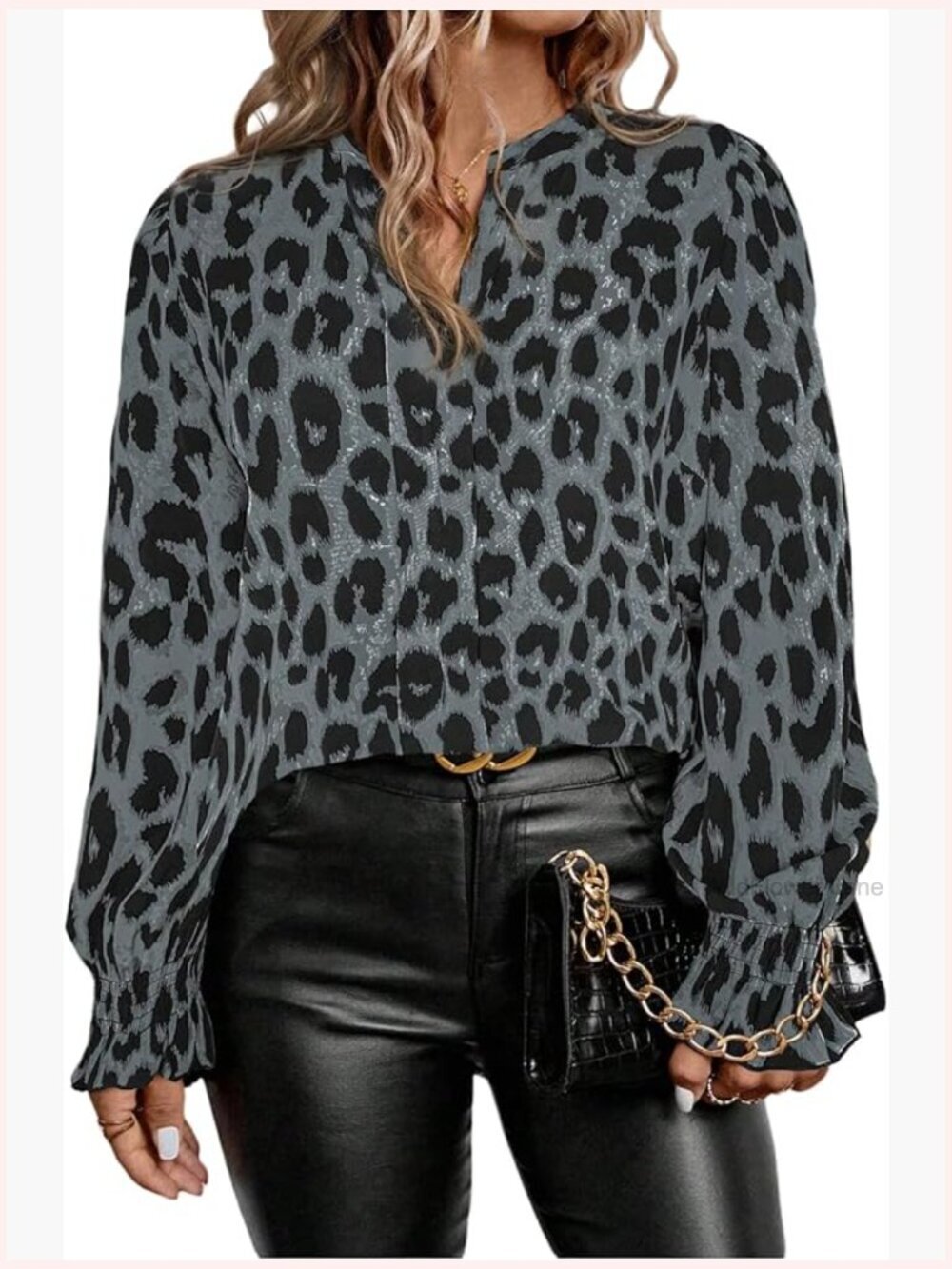 Plus Size Leopard Print Blouse Notch Neck Long Sleeve Casual Top